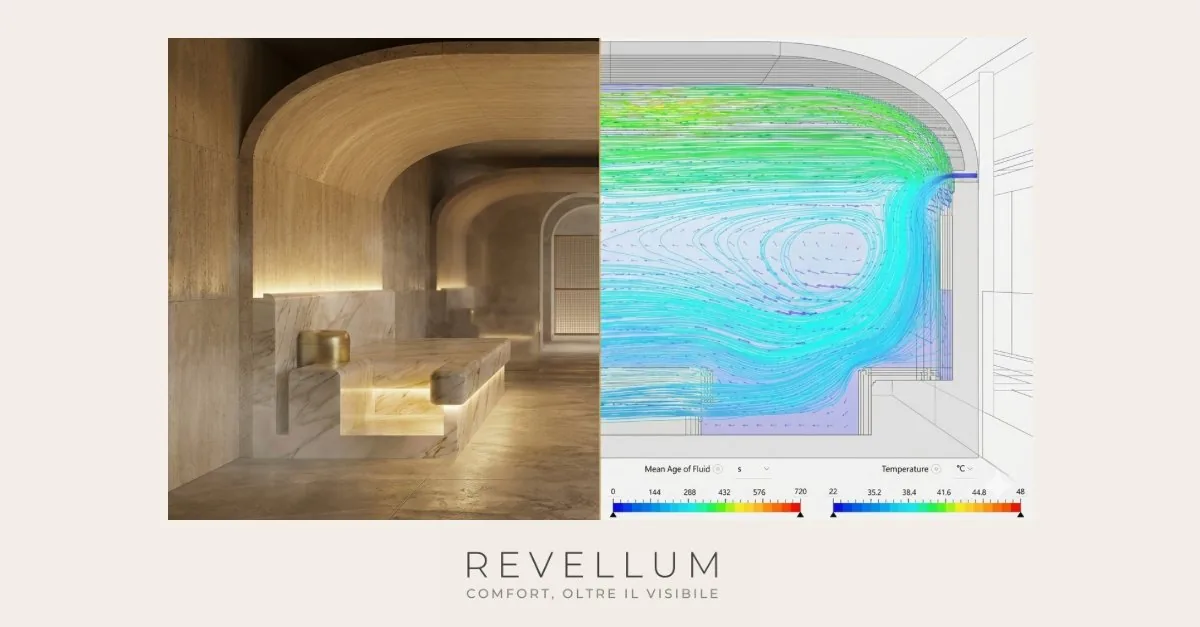 Simulazione CFD stato ottimizzato DOPO — Hammam superyacht — Campo velocità scalato uniforme, gradiente termico ridotto del 50% — Revellum