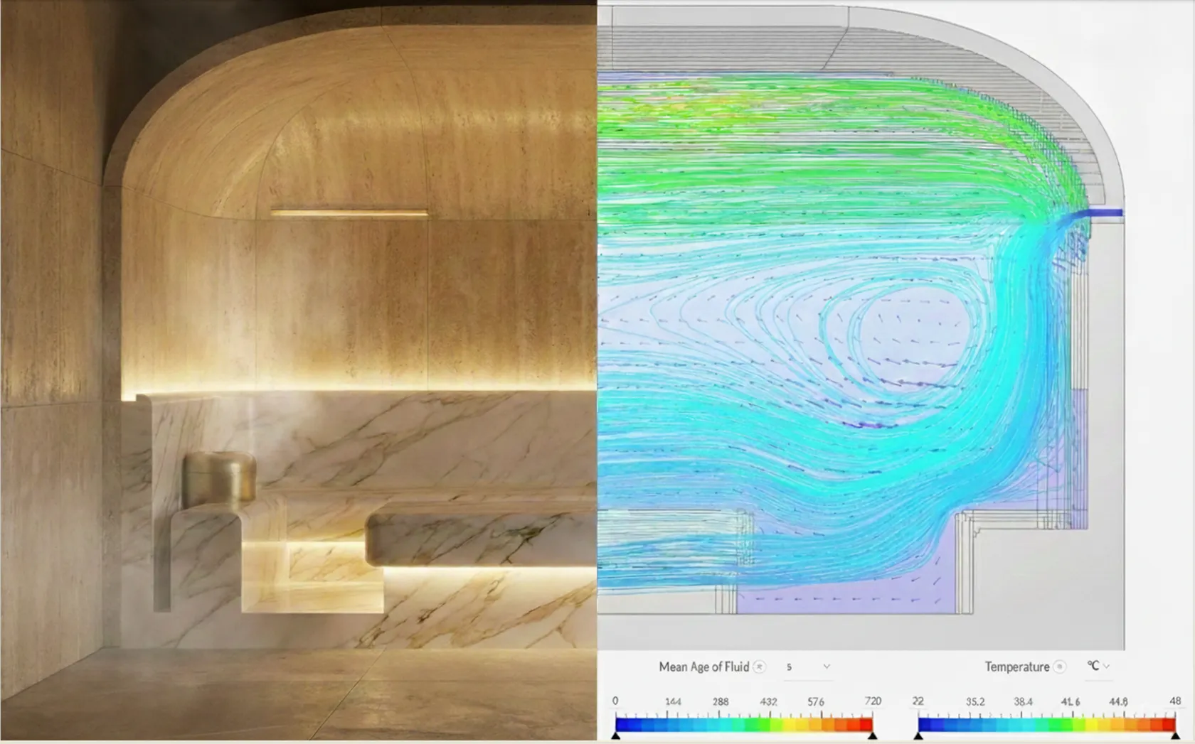 Simulazione CFD comfort termico architettura premium — confronto render e diagnosi Revellum