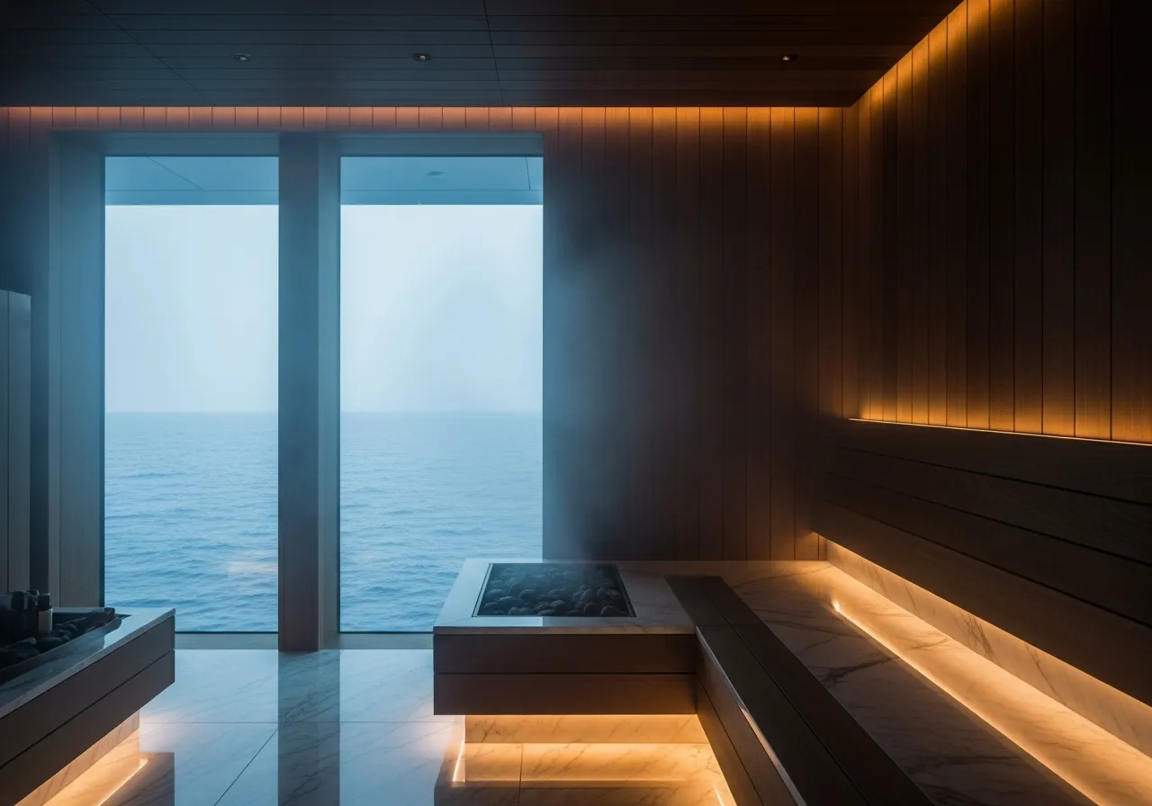 Spa di lusso a bordo superyacht — vista oceano, vapore, teak e marmo — comfort termico CFD Revellum